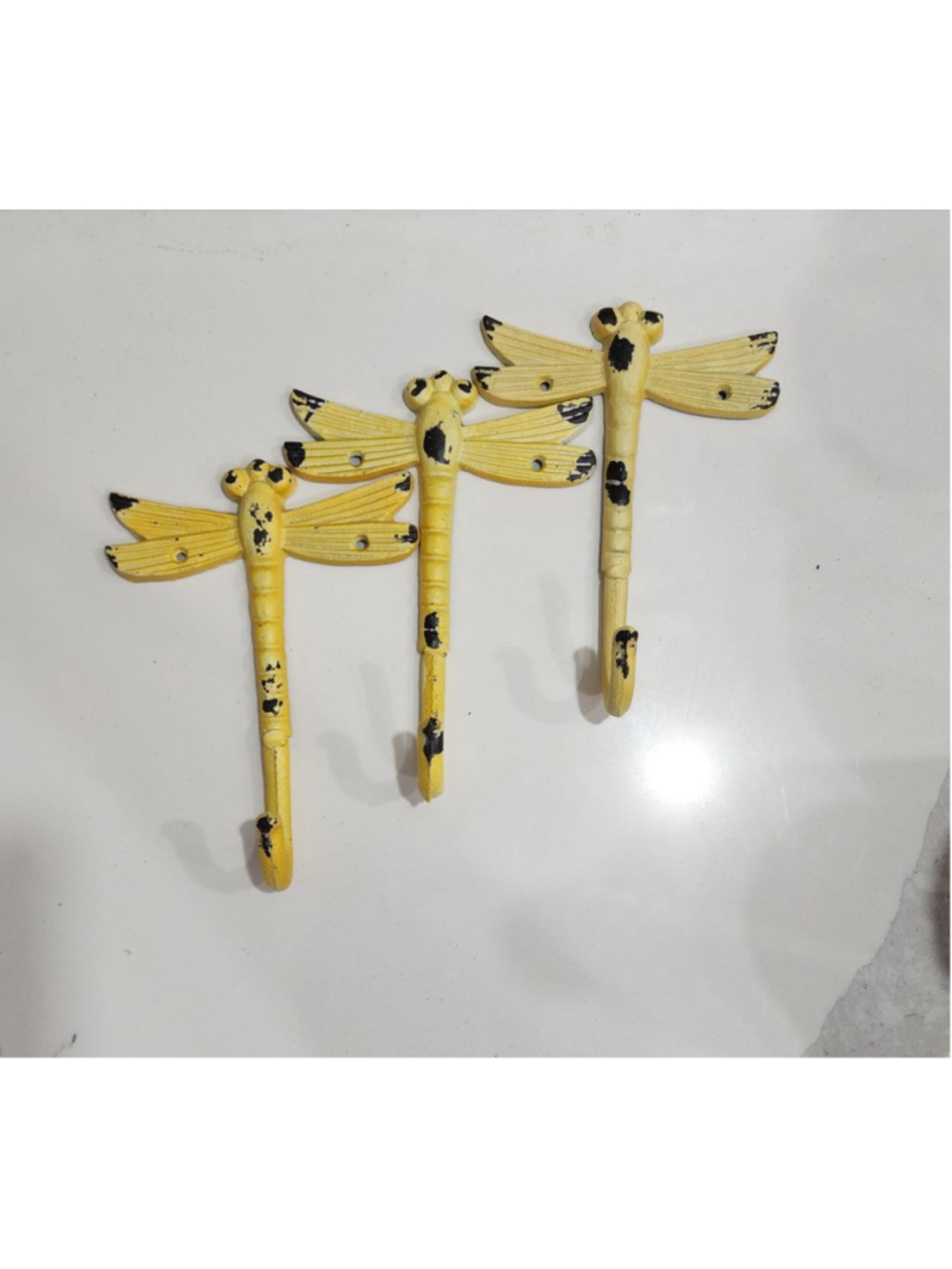 Dragonfly Decorative Wall Hooks Cast Iron, Yellow 7" x 5" Set of 3